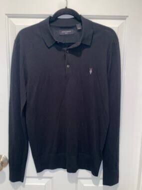 All Saints Sweater Black NOMO L/S Polo Collar Size Small Men